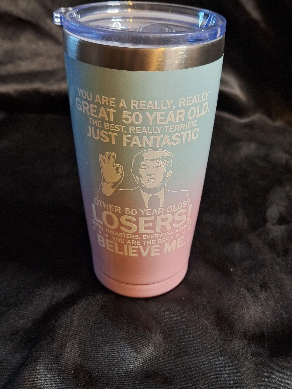 New Trump Sparkle Ombre 50th Birthday Travel Tumbler~Blue to Pink~Flag